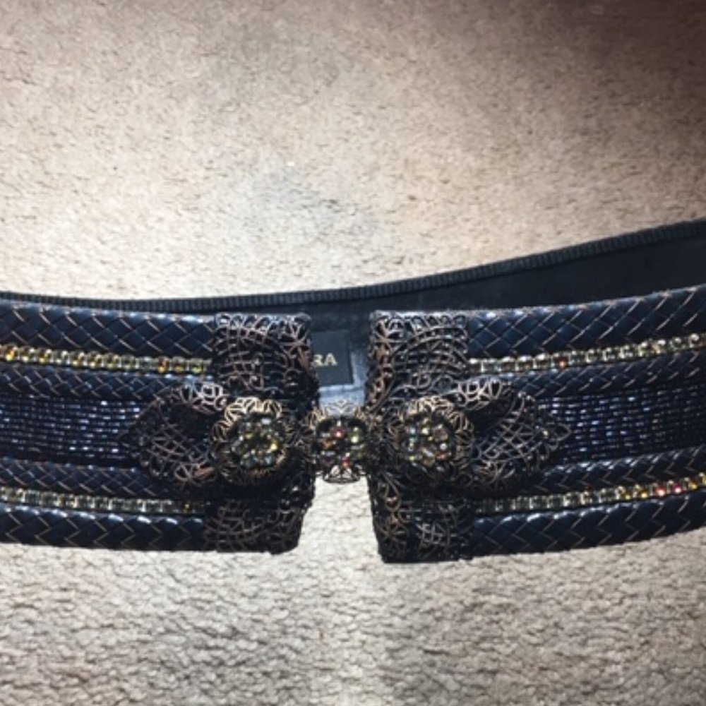 Barrera Beaded Rhinestones Wide Braided Leather BOHO Waist Belt Navy 30" - Picture 14 of 15